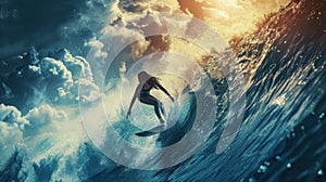 Epic Photo Of A Surfing Woman With Giant Wave, Filmic Surf Background With Dramatic Atmosphere