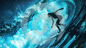 Epic Photo Of A Surfing Woman With Giant Wave, Filmic Surf Background With Dramatic Atmosphere