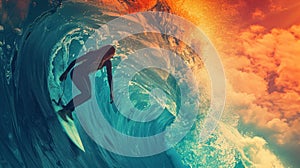 Epic Photo Of A Surfing Woman With Giant Wave, Filmic Surf Background With Dramatic Atmosphere