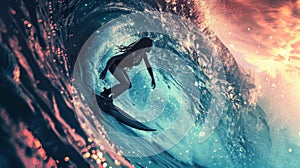Epic Photo Of A Surfing Woman With Giant Wave, Filmic Surf Background With Dramatic Atmosphere