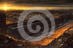 Epic post-apocalypse landscape with sunset