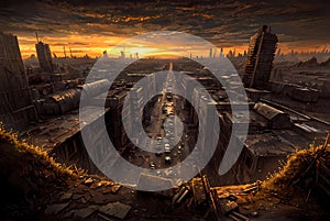 Epic post-apocalypse landscape with sunset