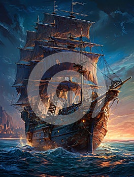 An epic sailing ship in a stormy ocean at sunset. AI generated