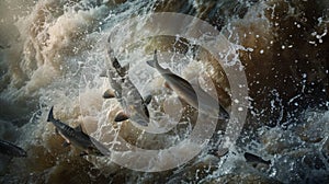 Epic salmon run photorealistic wide angle view of fish journeying upstream with strobe lighting