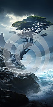 Epic Sci-fi Fantasy: Windblown Coastal Cypress Tree And Tumultuous Ocean