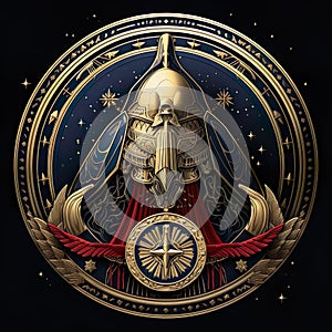 An epic scifi fantasy brand corporate logo, emblem or insignia, depicting space exploration and futuristic alien landscapes in