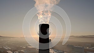 Epic shot on high smoke chimneys. Industrial pollution, chimney fumes. Industrial zone, streaks of smoke. Climate change