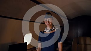 Epic shot of stewardess on private jet board