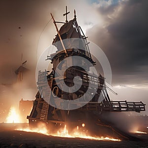 Epic siege engine, Massive siege engine unleashing destruction upon a fortified city wall2