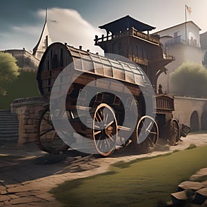 Epic siege engine, Massive siege engine unleashing destruction upon a fortified city wall2