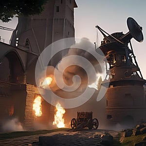 Epic siege engine, Massive siege engine unleashing destruction upon a fortified city wall3