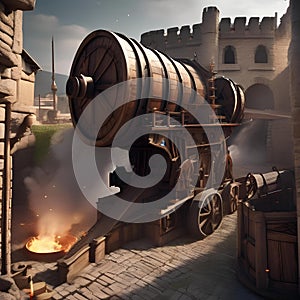 Epic siege engine, Massive siege engine unleashing destruction upon a fortified city wall5