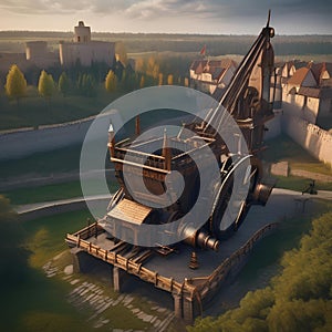 Epic siege engine, Massive siege engine unleashing destruction upon a fortified city wall3