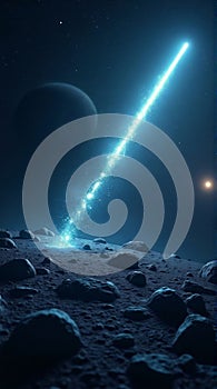 Bright Blue Comet Impacting Rocky Planet Surface in Deep Space