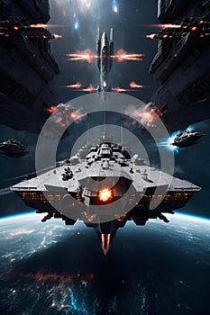 an epic space scene, featuring a colossal, advanced space battleship at the center