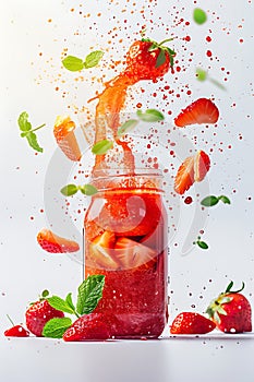 An epic stylized advertise photo of a fruit smoothie bursting energetically from a mason jar, along with slices of strawberry and