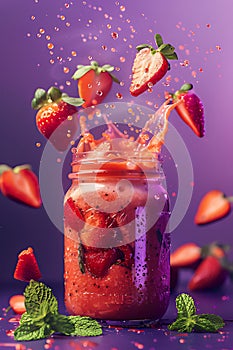 An epic stylized advertise photo of a fruit smoothie bursting energetically from a mason jar, along with slices of strawberry and
