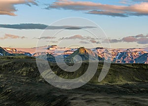 Epic sunset above Eyjafjallajokull and Myrdalsjokull landscape, Katla caldera, Botnar-Ermstur, Laugavegur Trail, southern Iceland