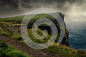 Epic view of of famous Cliffs of Moher and wild Atlantic Ocean, County Clare, Ireland