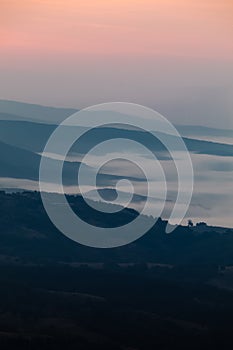 Epic view of a foggy ocean over the land of Bulgaria.