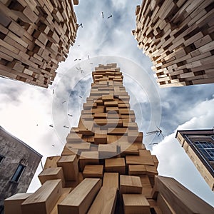 Epic View of Jenga Tower Toppling Down. Generative AI