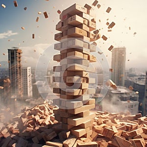 Epic View of Jenga Tower Toppling Down. Generative AI photo