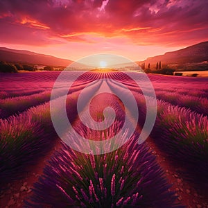 Epic Wide Shot of vibrant lavender fields of Provence.