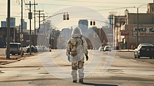Epidemic,catastrophe. Worker in protective suit on empty street. Generative AI