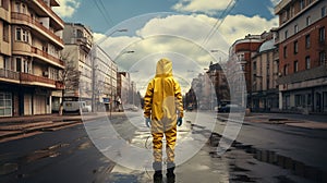 Epidemic,catastrophe. Worker in protective suit on empty street. Generative AI