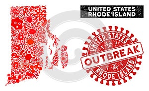 Epidemic Mosaic Rhode Island State Map with Grunge OUTBREAK Watermark