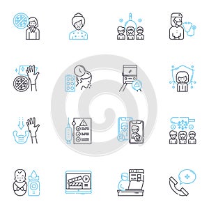 Epidemic surge linear icons set. Spike, Outbreak, Surge, Tsunami, Explosion, Influx, Uptick line vector and concept