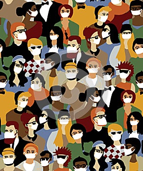 Epidemic virus casual people in medical masks crowd seamless pattern