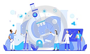 Epidemiologists research pathogens in laboratory flat character vector illustration concept