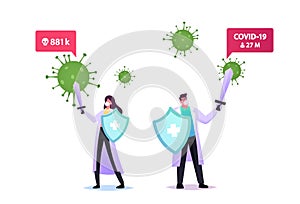 Epidemiology Concept. Tiny Doctors Characters in Medical Robe, Mask Hold Huge Shield and Sword Protecting of Virus Cell photo