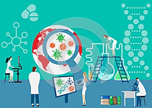 Epidemiology. Health danger risk spread laboratory. Tiny bacteria pandemic outbreak research.Vector illustration