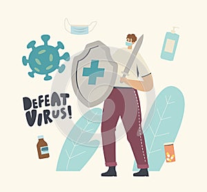 Epidemiology and Vaccination Concept. Tiny Male Character in Medical Mask Hold Huge Shield and Sword Protecting of Virus photo
