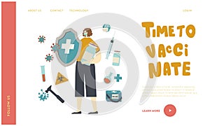 Epidemiology and Vaccination Landing Page Template. Female Character Holding Huge Shield and Bottle with Vaccine photo