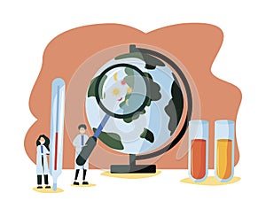 Epidemiology vector illustration. Flat tiny bacteria pandemic outbreak research. Health danger risk spread laboratory. Sanitary photo