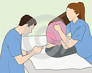Epidural shot - Nurse comforting pregnant woman, doctor gives Epidural photo