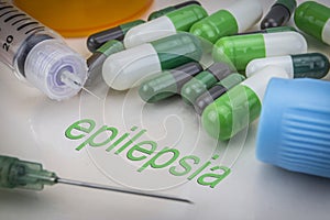 Epilepsia, medicines and syringes as concept photo