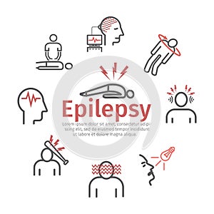 Epilepsy banner. Symptoms, Treatment. Line icons set. Vector signs for web graphics.