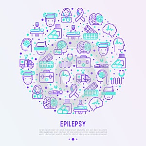 Epilepsy concept in circle with thin line icons