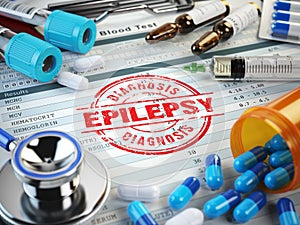 Epilepsy diagnosis. Stamp, stethoscope, syringe, blood test and