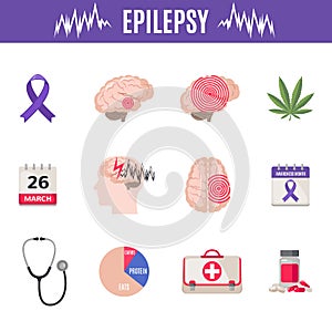 Epilepsy icons set in flat style isolated on white background