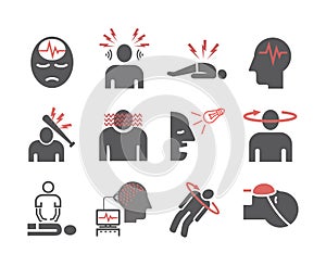 Epilepsy icons set. Symptoms, Treatment. Vector signs for web graphics.
