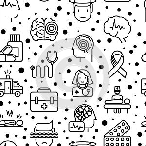 Epilepsy seamless pattern with thin line icons of symptoms and treatments: convulsion, disorder, dizziness, brain scan. World photo