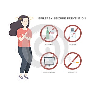 Epilepsy seizure pervention. Illustration of woman having seizure and set of icons how to avvoid epilepsy seizure.