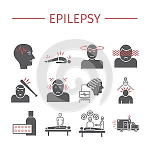 Epilepsy. Symptoms, Treatment. Flat icons set. Vector signs