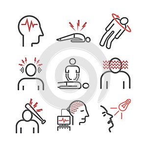 Epilepsy. Symptoms, Treatment. Line icons set. Vector signs for web graphics.