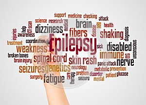 Epilepsy word word cloud and hand with marker concep